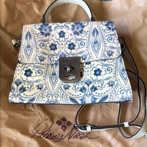 Patricia Nash Elegant Blue and Cream Floral Satchel